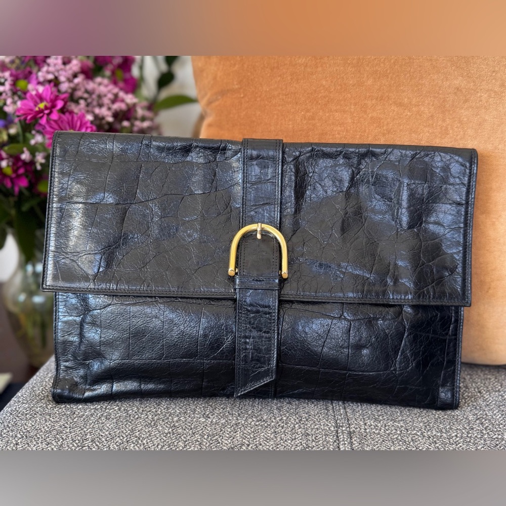 Danielle Nicole Black Croc-Embossed Large Clutch with Gold Hardware